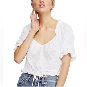 Free People White Dorothy Puff-Sleeve Cropped Top